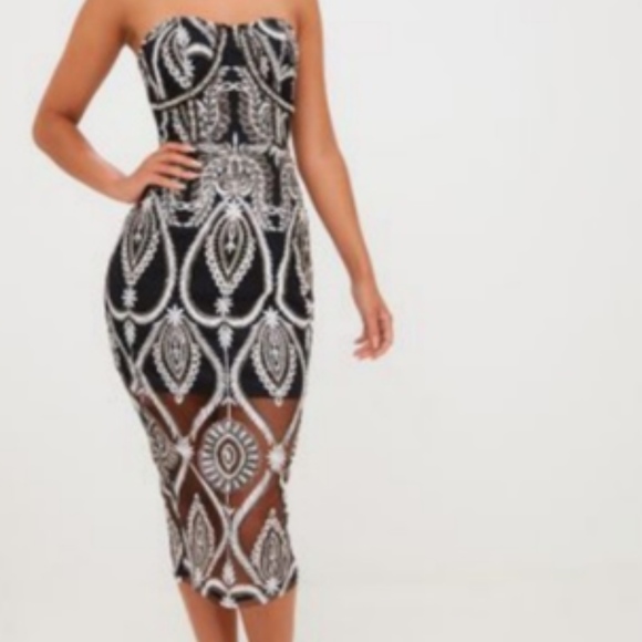 Black Sequin Embroidered Bandeau Midi Dress PLT - Picture 1 of 7